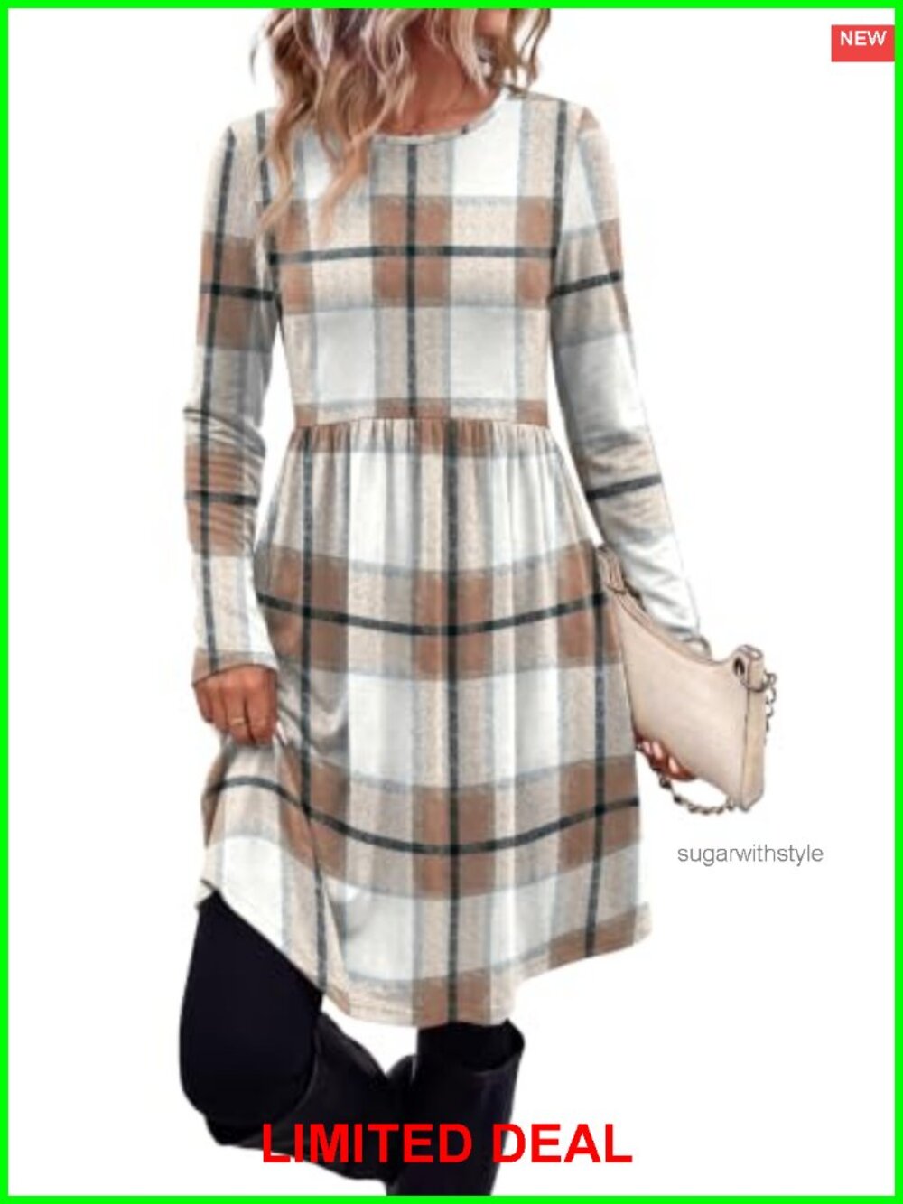 Womens Long Sleeve Babydoll Sweater Dress with Pockets Crew Neck Knee Length